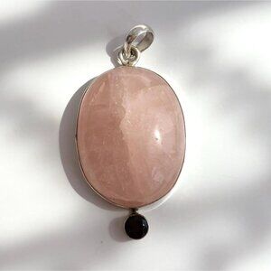 Rose Quartz & Black Onyx Semi-Precious Gemstone Sterling 925 Vintage Pendant